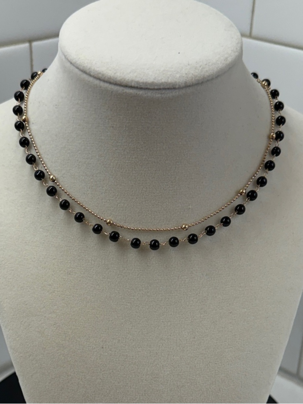 Delicate Black Bead and Gold Chain Necklace